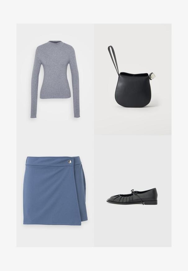 Grijze, geribbelde lange mouwen trui met een hoge hals. Strakke pasvorm en gladde textuur. Eenvoudig en minimalistisch zonder zichtbare hardware of patronen.; Blauwe rok in wikkelstijl met een hoge tailleband en een zilveren knoopsluiting aan de rechterkant, afgebeeld tegen een witte achtergrond.; Zwarte platte schoen met geplooid voorkantontwerp en een gestrikte strik bovenop, lage hak en gladde textuur op een lichtgrijze achtergrond.; Zwart leren polstasje met afgeronde bodem en zilveren gesp op een effen witte achtergrond.