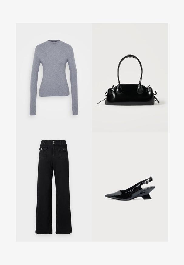 Pull long à manches longues gris, côtelé, avec un col montant. Design ajusté et texture lisse. Simple et minimaliste, sans matériel ou motifs visibles.; Pantalon noir à taille haute et jambes larges, avec deux poches à rabat à l'avant fermées par des boutons et une fermeture à double bouton à la taille.; Chaussure slingback en cuir verni noir avec bout pointu et petit talon bloc incliné sur fond clair uni.; Petit sac à main noir brillant avec deux longues anses et des détails à cordon sur les côtés sur un fond clair uni.