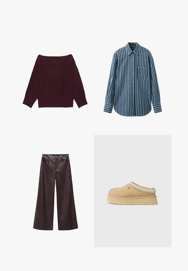 Off-shoulder langærmet sweater i mørk bordeauxstrik med ribbet krave, manchetter og kant.; Blå langærmet skjorte med knapper og hvide lodrette striber samt en brystlomme på venstre side.; Brune faux læder wide-leg bukser med høj talje, der har forlommer og klassisk knaplukning. Glat tekstur og mat finish.; Tan slip-on UGG sko med tyk sål og mønstret kant rundt åbningen, vist fra siden på en ensfarvet baggrund.