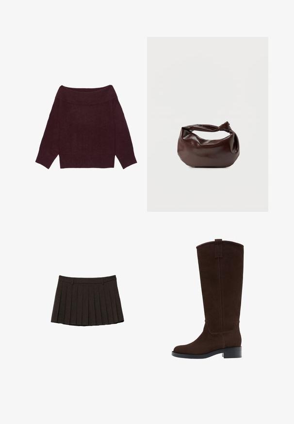 Off-shoulder langærmet sweater i mørk bordeauxstrik med ribbet krave, manchetter og kant.; Sort plisseret mininederdel med bæltestropper og struktureret taljebånd på hvid baggrund.; Høj mørkebrun ruskindsstøvle med lav stablet hæl og rundet tå, med en trækkemærke øverst på skaftet.; Mørkebrun læder skuldertaske med en blød, afslappet form og et snoet knudehåndtag på en ensartet hvid baggrund.