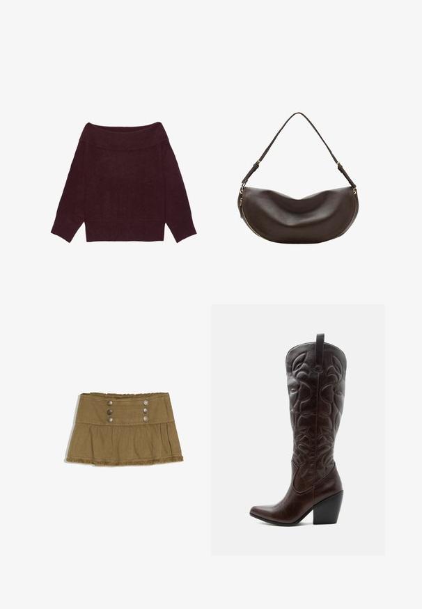 Pull à manches longues, épaules dénudées, en maille bordeaux foncé avec col, poignets et ourlet côtelés.; Mini-jupe marron avec une large ceinture, six boutons métalliques, partie inférieure plissée et bords effilochés en haut et en bas.; Botte de cowboy haute en cuir marron foncé avec motifs décoratifs cousus, bout pointu et talon bloc empilé.; Sac à bandoulière en cuir marron foncé avec une forme courbée, une sangle réglable et une fermeture éclair dorée le long du bord inférieur.