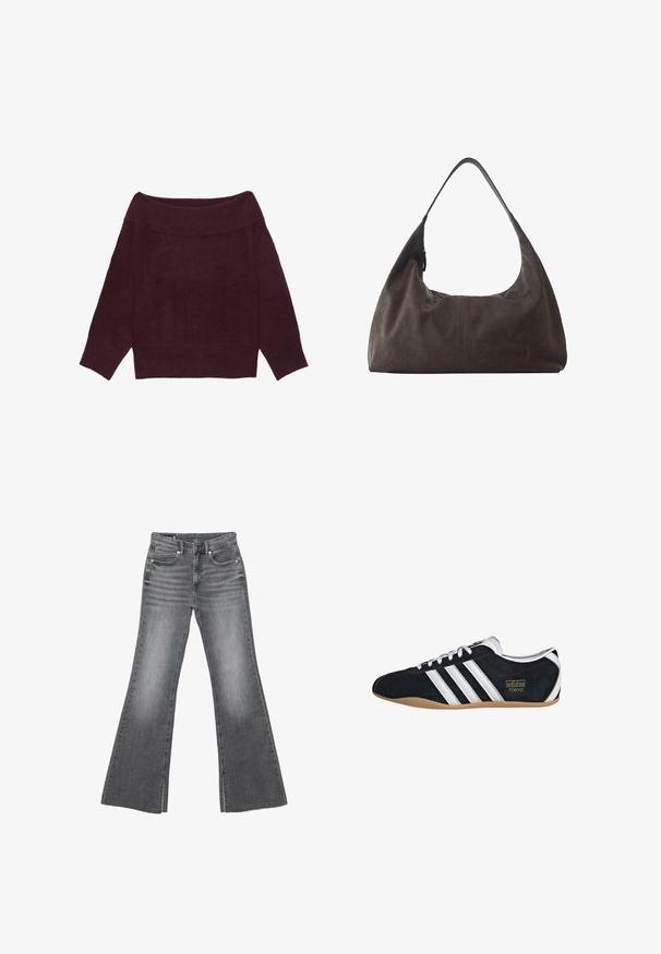 Pull à manches longues, épaules dénudées, en maille bordeaux foncé avec col, poignets et ourlet côtelés.; Jean en denim gris délavé avec taille haute, bouton à l'avant et fermeture éclair, doté de jambes évasées larges et de poches avant et arrière.; Sneakers en suede noir avec trois bandes blanches, logo doré et semelle en caoutchouc marron. Présente un design à lacets à profil bas.; Sac à main hobo en cuir souple marron foncé avec une large bandoulière unique et un détail subtil de couture centrale sur fond blanc.