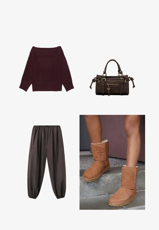 Off-shoulder langærmet sweater i mørk bordeauxstrik med ribbet krave, manchetter og kant.; Løse mørkebrune bukser med elastisk talje og manchetter, lavet af blødt stof, designet til komfort og afslappet brug.; Brune ruskind ankelstøvler med rund tå, blødt foer og gummisål, der har synlige stikninger langs sømmene.; Mørkebrun læderhåndtaske med dobbelte håndtag, forreste lynlåslomme, dekorative spænder og sideknuder på hvid baggrund.