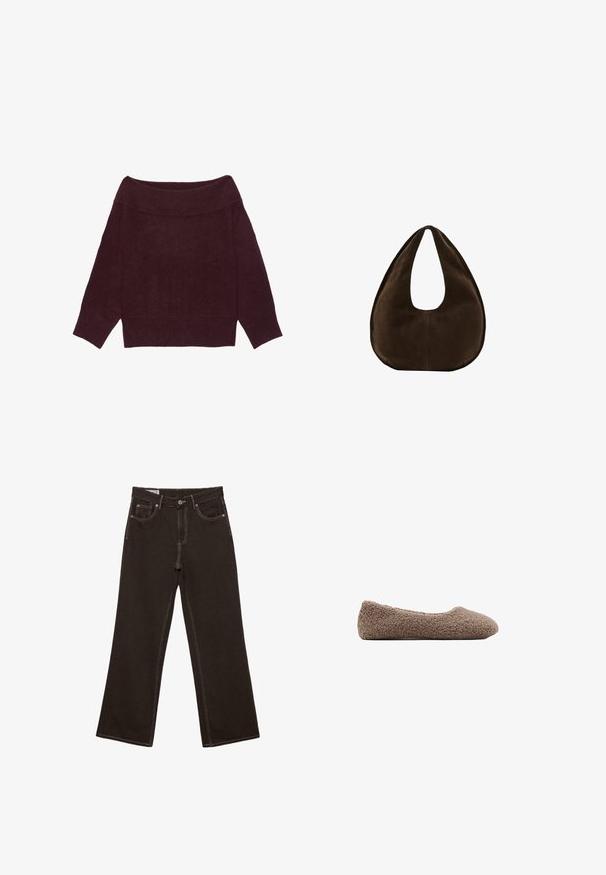 Off-shoulder langærmet sweater i mørk bordeauxstrik med ribbet krave, manchetter og kant.; Sorte jeans med vide ben og kontrastfuld hvid syning, frontknap, lynlåslukning og fem-lommer design.; Brun, fleece-fodret ballet flats med rund tå. Blød tekstur og sømløst design, der har en lav profil. Ingen synlige detaljer.; Mørkebrun ruskind skuldertaske formet som en halvmåne med en bred rem og glat tekstur på en hvid baggrund.