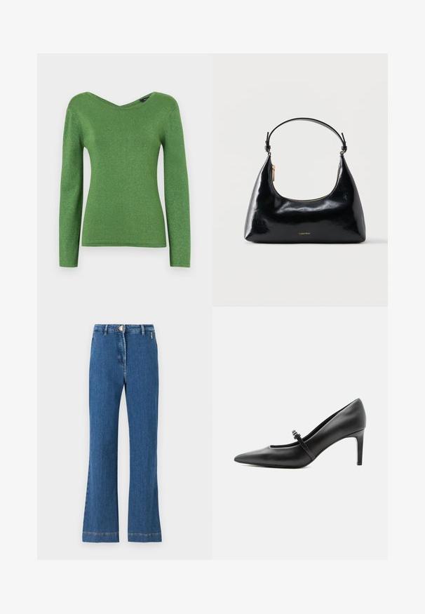 Grøn langærmet top lavet af glitrende stof, med V-hals og tætsiddende silhuet, med glat tekstur og ingen synlige udsmykninger.; Højtsiddende flared jeans lavet af middelblåt denim, med knaplukning, forlommer og synlig syning langs kanten.; Sort læderspids højhælede sko med tynd rem og spænde over vristen, stående på en neutral lys baggrund.; Sort blank Calvin Klein håndtaske med gyldent lynlås og kort rem mod en ensfarvet hvid baggrund.
