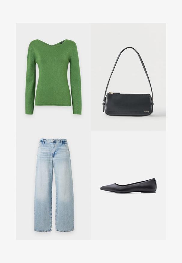 Grøn langærmet top lavet af glitrende stof, med V-hals og tætsiddende silhuet, med glat tekstur og ingen synlige udsmykninger.; Lyseblå denim vidde jeans med høj talje, subtilt slid-effekt, rå kant og klassisk fem-lomme design.; Sort flad lædersko med spidst tåparti og lav hæl, vist i sideprofil mod en hvid baggrund.; Sort rektangulær skuldertaske i læder med guld lynlås og lille guld "HUGO"-logo på fronten, med justerbar strop med spænde.