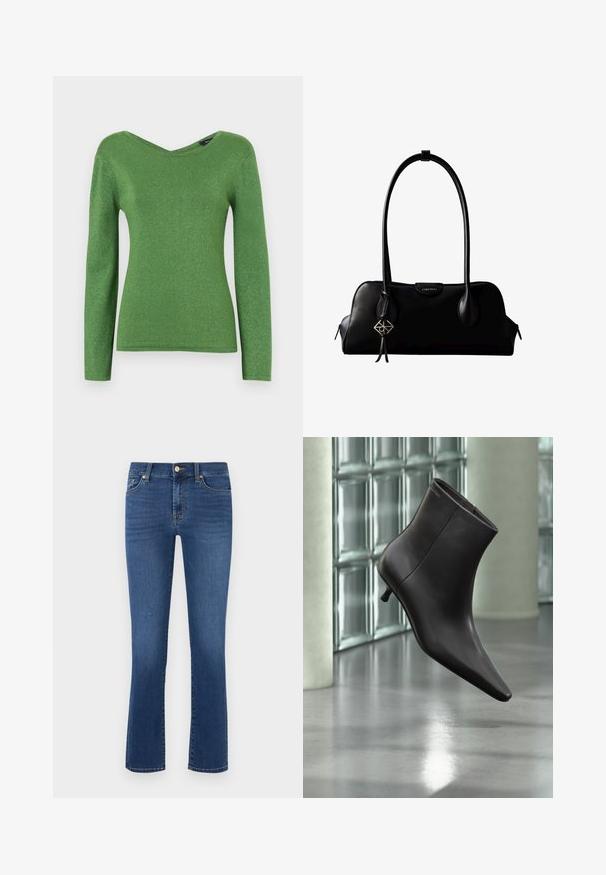 Grøn langærmet top lavet af glitrende stof, med V-hals og tætsiddende silhuet, med glat tekstur og ingen synlige udsmykninger.; Blå flagrende jeans lavet af denim, med et klassisk fem-lomme design, lynlås og brass-knap lukning. Glat tekstur og ensartet farve.; Sort læderankelstøvle med spids tå og lille hæl vist mod en væg af glasblokke og poleret gulv baggrund.; Sort lædertaske fra Calvin Klein med lange håndtag, en forside-logo-tag og en sølv geometrisk vedhæng, der hænger fra det ene håndtag.