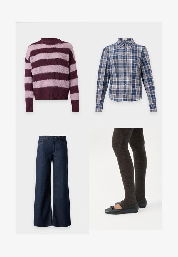 Pull en laine avec des rayures horizontales bordeaux et rose clair. Doté d'un col rond et de poignets et d'un ourlet côtelés. Texture douce.; Chemise à manches longues à carreaux bleu et blanc avec un col et des boutons marron, présentée à plat sur un fond blanc.; Jean large en denim bleu foncé. Présente des coutures contrastées, cinq poches et une fermeture par bouton à la taille. Texture lisse.; Jambes portant des leggings côtelés foncés associés à des ballerines noires avec de petits détails en nœud sur fond blanc.