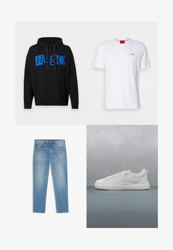 Sort hættetrøje med en stor blå "Hugo" grafik på forsiden, med lomme foran og hætte med snor. Klassisk design.; Hvid bomulds t-shirt med korte ærmer, en rund udskæring og lille sort "HUGO" logo på venstre bryst. Har rød indvendig halslabel.; Lyseblå cowboybukser i denim med klassisk fem-lomme-design, knap- og lynlåslukning samt diskrete, falmede detaljer på lår og knæ.; Hvide sneakers med en glat læderfinish, rund tå, fire snørehuller, subtile perforeringer og en rød logo detalje på siden.