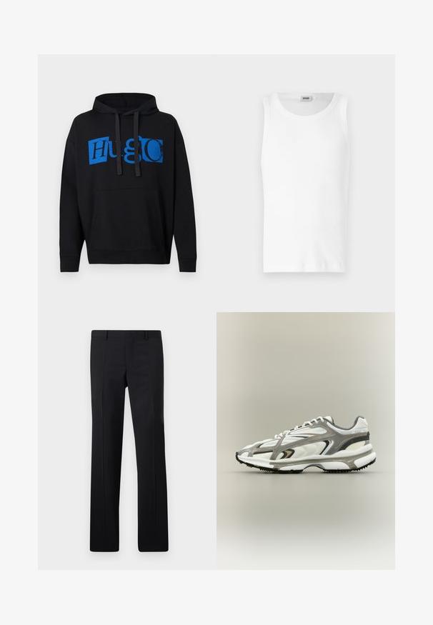 Sort hættetrøje med en stor blå "Hugo" grafik på forsiden, med lomme foran og hætte med snor. Klassisk design.; Hvid bomulds tanktop uden ærmer med rund halsudskæring og en glat tekstur. Enkel design, ingen mønstre eller accenter.; Sorte skræddersyede bukser med et lige ben design, skarpe folder og en glat overflade. Fremstillet af letvægtsstof med en ren talje.; Sportssko med en hvid mesh-overdel, grå accenter, sort gummisål og et strømlinet design. Har snørebånd og strukturerede detaljer.