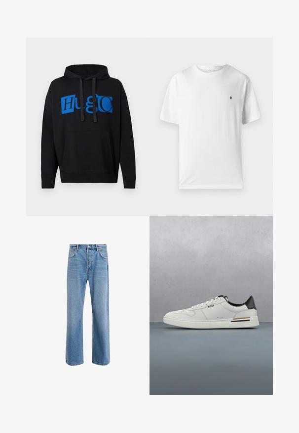 Sweatshirt à capuche noire avec un grand motif bleu "Hugo" sur le devant, avec une poche frontale et un cordon de serrage à la capuche. Design classique.; T-shirt en coton blanc à col rond, manches courtes, avec un petit logo noir sur la poitrine. Texture douce, coupe décontractée.; Jeans en denim bleu clair avec une coupe droite, cinq poches, fermeture à bouton, peu d'usure et des détails de couture contrastés.; Sneaker basse blanche avec talon noir, fermeture à lacets, perforations subtiles et logo "BOSS" sur le côté, vue depuis le profil extérieur.
