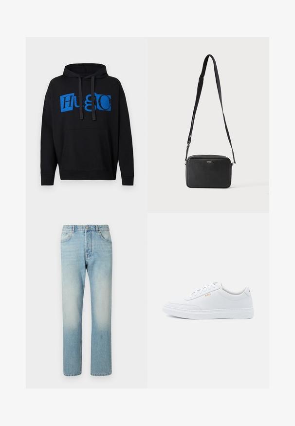 Sort hættetrøje med en stor blå "Hugo" grafik på forsiden, med lomme foran og hætte med snor. Klassisk design.; Lyseblå jeans lavet af denim, med et lige ben-design, fem lomme-struktur og falmet vaskeffekt ved lårene.; Hvide lædersneakers med glat tekstur, rund tå og ton-i-ton syning. Har blå snørebånd og et gult logo på siden.; Sort rektangulær crossbody taske med justerbar rem og BOSS-logo foran, sat mod en ensfarvet lys baggrund.
