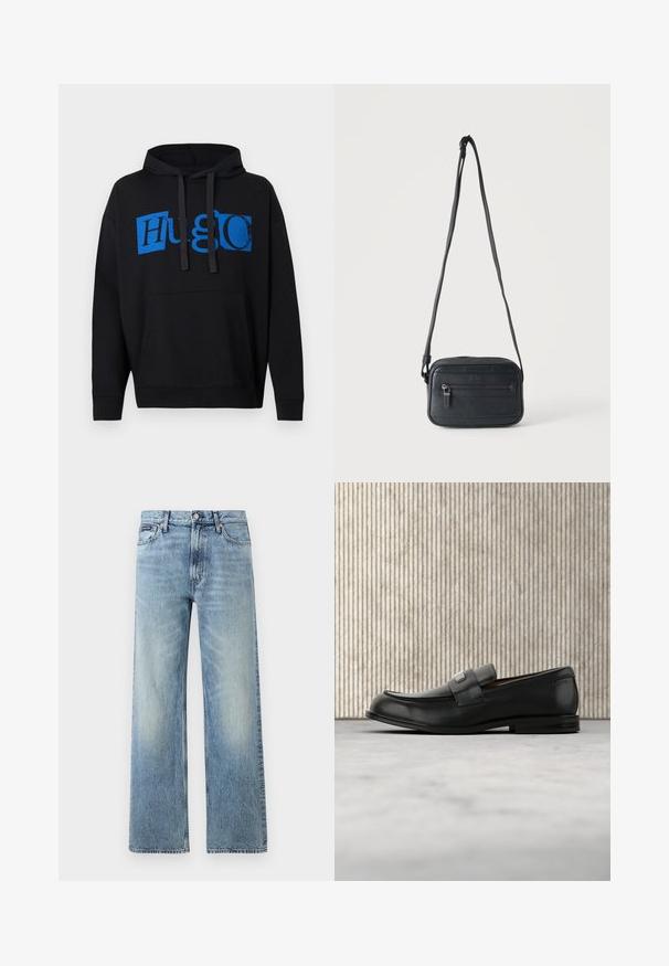 Zwarte capuchontrui met een grote blauwe "Hugo" grafiek op de voorkant, voorzien van een voorzak en een trekkoordcapuchon. Klassiek ontwerp.; Lichtblauwe denim jeans met rechte pijpen, een hoge taille, vijf zakken, knoopsluiting en subtiele vervaging op de dijen en knieën.; Zwarte leren loafer met een metalen merktekenplaatje, rustend bij een bruine ronde tafel op een beige tapijtvloer.; Zwarte crossbodytas met een voorvak met rits, een gestructureerd oppervlak en een verstelbare band, hangend tegen een effen lichte achtergrond.