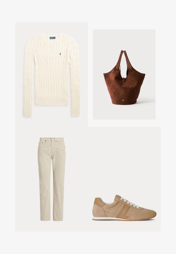 Pull crème à manches longues en maille torsadée avec col rond et petit logo brodé bleu foncé sur la poitrine.; Pantalon en velours côtelé beige droit avec passants de ceinture, bouton à l'avant, fermeture éclair et poches avant.; Baskets basses en suède et cuir marron clair avec lacets blancs et semelle en caoutchouc blanc vues de profil sur fond blanc.; Grand sac fourre-tout en daim marron avec deux poignées, une petite sangle à bouton et un logo blanc brodé près du centre inférieur.