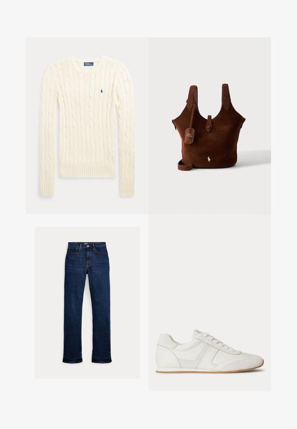 Pull crème à manches longues en maille torsadée avec col rond et petit logo brodé bleu foncé sur la poitrine.; Jean droit en denim bleu foncé avec bouton et fermeture éclair à l'avant, design à cinq poches et coutures visibles.; Baskets basses blanches avec laçage à l'avant, panneaux en daim et cuir, et une semelle en caoutchouc marron clair sur fond blanc.; Sac cabas en daim marron avec deux bretelles, languette de fermeture à bouton et logo Polo Ralph Lauren à l'avant et sur l'étiquette suspendue.