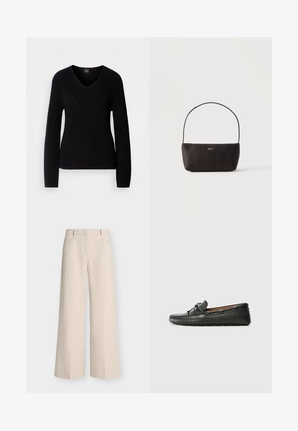 Pull noir à col en V avec une texture en maille côtelée, manches longues et de subtiles perforations sur les côtés. Étiquette de marque visible sur l'encolure.; Pantalon beige à jambes larges avec poches avant, passants de ceinture et devant plat, présenté sur un fond clair uni.; Bateau en cuir noir avec un bout arrondi, des détails de couture, un petit accent en nœud et une semelle en caoutchouc. Texture lisse et design épuré.; Sac à main noir tissé texturé avec une seule bandoulière et un petit logo doré "BOSS" au centre devant.
