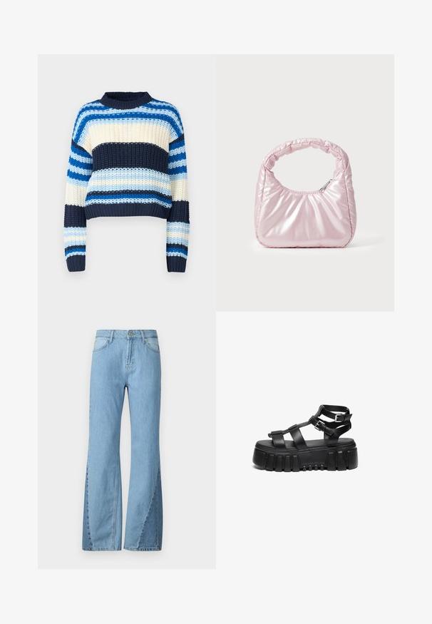 Noisy May Pullover - multi coloured; Jean en denim bleu clair évasé, avec une taille haute, des détails de couture latérale et un design classique à cinq poches.; Des sandales compensées noires présentent des sangles superposées et des accents de boucle, avec une semelle épaisse et texturée et un design de semelle intérieure lisse.; Sac à main rose rembourré avec un design arrondi, fabriqué à partir d'un matériau brillant. Dispose d'une poignée froncée et d'une fermeture éclair pour un accès sécurisé.