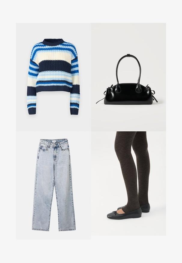 Noisy May Pullover - multi coloured; Jean droit bleu clair en denim, doté de deux poches avant, d'une fermeture à bouton et de coutures contrastées le long des coutures.; Jambes portant des leggings côtelés foncés associés à des ballerines noires avec de petits détails en nœud sur fond blanc.; Petit sac à main noir brillant avec deux longues anses et des détails à cordon sur les côtés sur un fond clair uni.