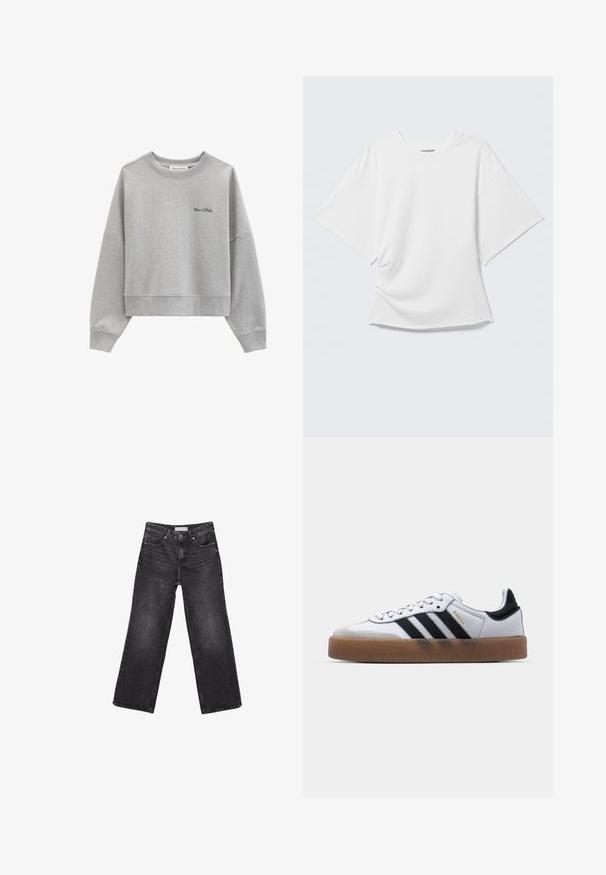 Sweat-shirt court gris clair à manches longues avec logo vert "Marc O’Polo" sur la poitrine gauche.; T-shirt blanc oversize à manches courtes avec col rond présenté sur un fond gris clair.; Jean noir à jambes larges avec poches avant et arrière, fermeture par bouton et passants de ceinture, posé à plat sur fond blanc.; Baskets en cuir blanc avec des rayures noires, semelle extérieure en caoutchouc beige, bout rond, fermeture lacée et embout en suède gris doux.