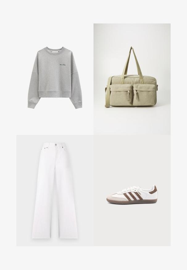 Sweat-shirt court gris clair à manches longues avec logo vert "Marc O’Polo" sur la poitrine gauche.; Jean large blancs à taille haute, avec cinq poches, bouton en métal argenté et fermeture à glissière. Fabriqué en denim avec une finition texturée.; Baskets Adidas Samba blanches avec des bandes en daim marron, semelle en caoutchouc marron et bout en daim beige, vues du côté extérieur sur un fond uni.; Even&Odd Sac week-end - green