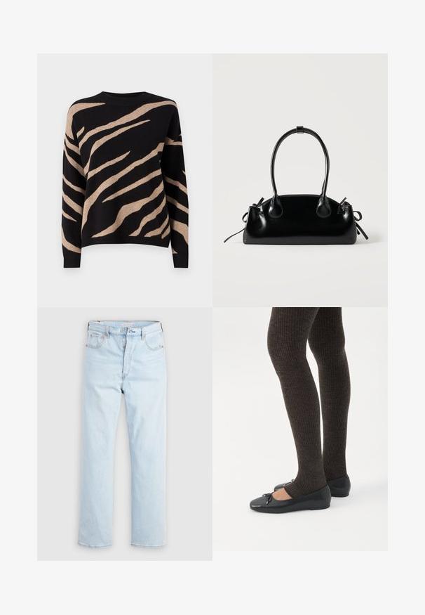 Pull noir avec motif rayé tigre beige, présentant un col rond, des manches longues et une texture douce. Finition des bords en côtelé.; Jean bleu clair taille haute à jambes droites avec braguette à boutons et poches avant et arrière sur un fond blanc uni.; Jambes portant des leggings côtelés foncés associés à des ballerines noires avec de petits détails en nœud sur fond blanc.; Petit sac à main noir brillant avec deux longues anses et des détails à cordon sur les côtés sur un fond clair uni.