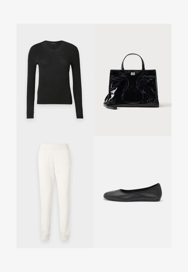 Pull noir côtelé à manches longues avec un décolleté en V. Présente une silhouette ajustée et un tissu texturé, offrant un léger éclat.; Pantalon de jogger crème en tissu doux, avec une taille et des poignets ajustés. Design simple sans motifs visibles ni ornements.; Ballerines en cuir noir avec un bout rond, texture lisse, détails de couture minimalistes et design de semelle flexible.; Sac à main en cuir noir brillant avec poignées courtes, bandoulière amovible et détails de couture discrètement courbés à l’avant.