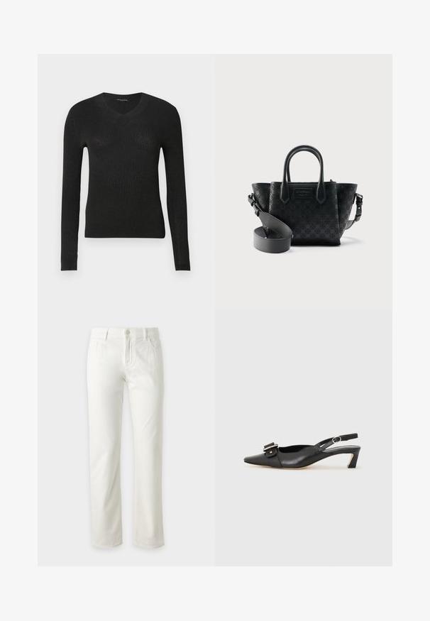Pull noir côtelé à manches longues avec un décolleté en V. Présente une silhouette ajustée et un tissu texturé, offrant un léger éclat.; Jean blanc à jambe droite avec fermeture devant par bouton et zip, passants de ceinture et poches avant, présenté sur un fond clair uni.; Chaussure slingback en cuir noir avec un bout pointu, un petit talon et un détail de boucle décoratif sur le dessus. Texture lisse, design minimaliste.; Sac à main en cuir noir à motifs avec deux poignées supérieures et une bandoulière réglable sur fond blanc.