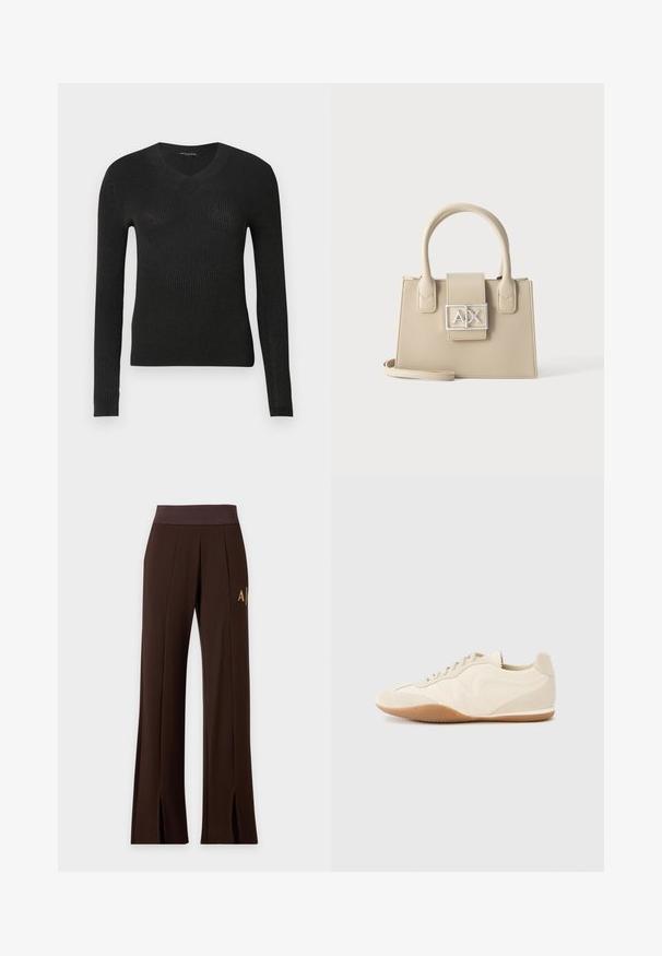 Pull noir côtelé à manches longues avec un décolleté en V. Présente une silhouette ajustée et un tissu texturé, offrant un léger éclat.; Pantalon large marron foncé avec taille élastique, coutures sur l'avant, logo sur le côté et fentes à l'avant de l'ourlet.; Baskets beige clair avec une tige en cuir texturé, des panneaux latéraux texturés et une semelle en caoutchouc. Dotées d'un design fin et épuré ainsi que de lacets plats.; Sac à main rectangulaire beige avec deux anses, une bandoulière amovible et un rabat avant avec une boucle argentée arborant le logo AX.
