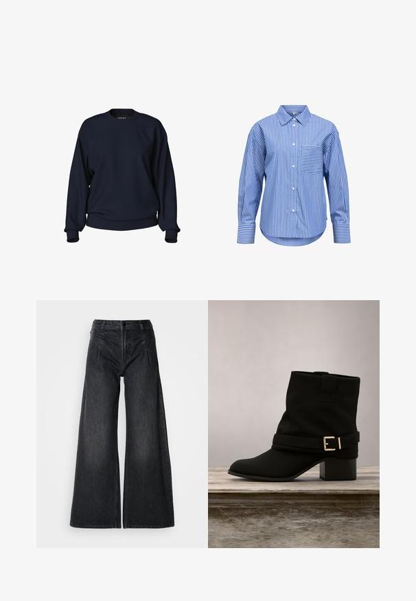Sweatshirt bleu marine à col rond, manches longues, poignets côtelés et taille côtelée. Texture lisse sans motifs ni détails visibles.; Chemise à manches longues à rayures verticales bleues et blanches, boutonnée devant, avec poche poitrine et col classique, présentée sur fond blanc.; Jean large noir en denim, avec taille haute, deux poches à l'avant et des coutures visibles, présentant une finition texturée subtile.; Bottine noire en matériau lisse, avec un haut plié, une large sangle avec une boucle dorée, et un talon bas.