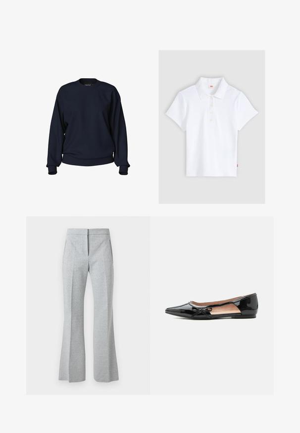 Sweatshirt bleu marine à col rond, manches longues, poignets côtelés et taille côtelée. Texture lisse sans motifs ni détails visibles.; Polo blanc à manches courtes en maille côtelée avec col et quatre boutons, étalé à plat sur un fond gris clair.; Pantalon gris clair taille haute, taille ajustée avec un motif chevron subtil, pli frontal, poches latérales et jambes légèrement évasées.; Chaussure plate pointue en cuir verni noir avec découpe latérale et petit nœud décoratif sur le bord extérieur.