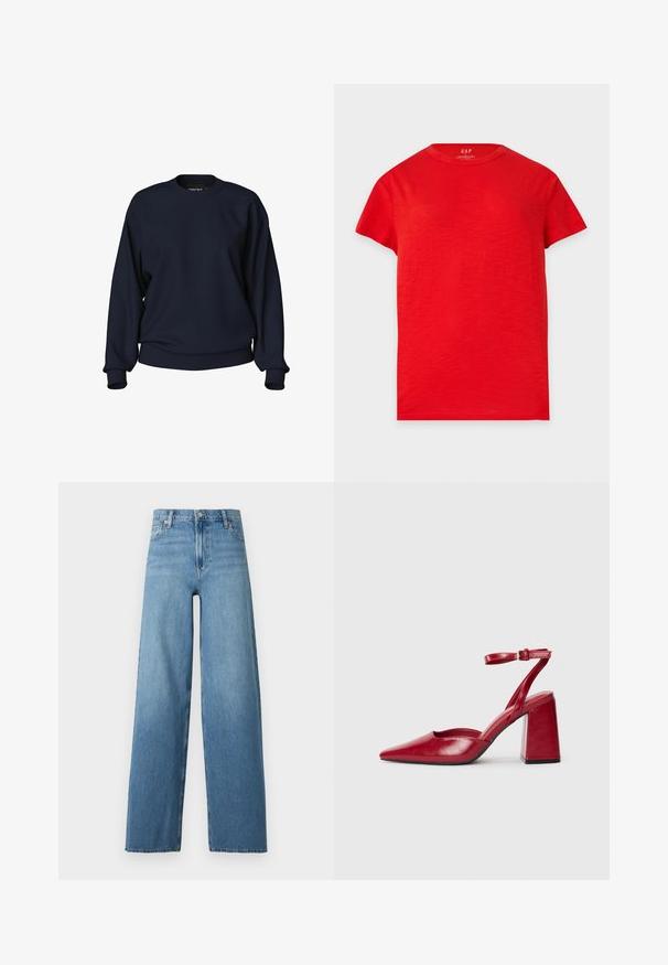 Sweatshirt bleu marine à col rond, manches longues, poignets côtelés et taille côtelée. Texture lisse sans motifs ni détails visibles.; T-shirt rouge uni à manches courtes avec un col rond, exposé à plat sur un fond clair. Aucun motif ou graphique visible.; Jean en denim bleu taille haute avec jambes larges, fermeture avant à bouton et fermeture éclair, et design classique à cinq poches.; Escarpins slingbacks en cuir rouge avec un bout pointu, un talon bloc épais et une seule bride de cheville réglable. Texture lisse, design minimaliste.
