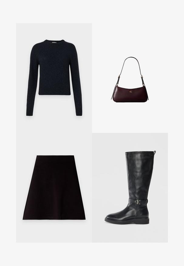 Pull-over bleu marine en tissu tricoté doux ; avec un col rond, des manches longues, et des poignets et un ourlet côtelés.; Jupe mini noire en forme de A, fabriquée dans un tissu lisse avec un design épuré et simple. Elle présente un ourlet droit sans motifs ou embellissements visibles.; Botte noire en cuir montante jusqu'au genou avec un petit talon, bout rond et une sangle à boucle métallique avec le logo "CK" autour de la cheville.; Sac à main en cuir bordeaux foncé avec une fine sangle d'épaule noire et un petit logo doré "cK" au centre devant.