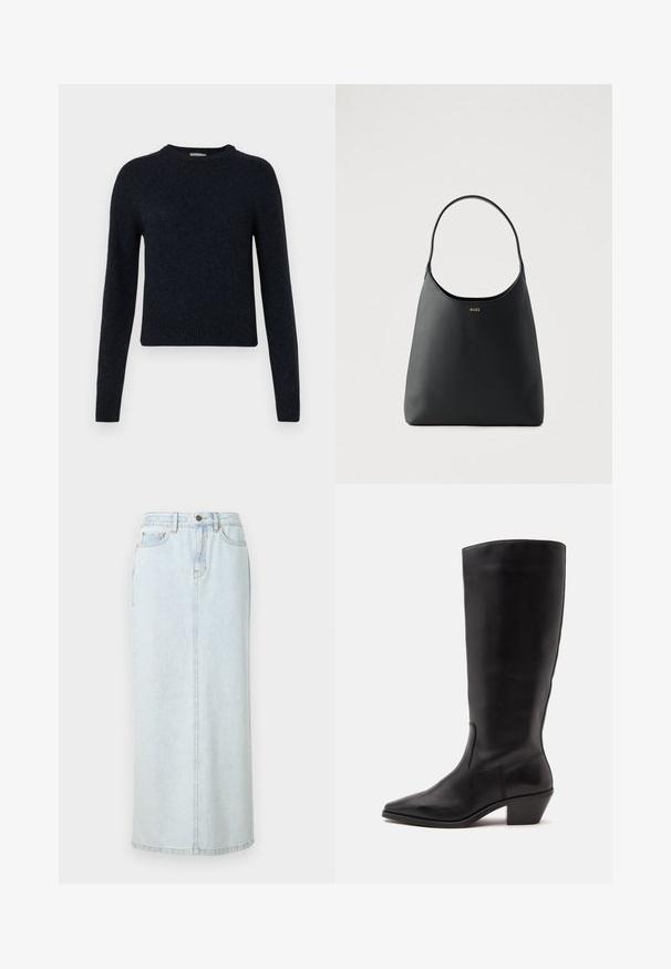 Mørkeblå pullover sweater lavet af et blødt strikket stof; med rund hals, lange ærmer og ribbede manchetter og kant.; Lyseblå denim maxi-nederdel med lige design, frontknaplukning og synlige syninger. Har to frontlommer.; Sort læderstøvle til midtkalv med spids tå og lavt skråt hæl på en enkel lys baggrund.; Sort læderhåndtaske med enkelt buet håndtag, glat tekstur og et diskret logo foran. Minimalistisk design og rummeligt indre.
