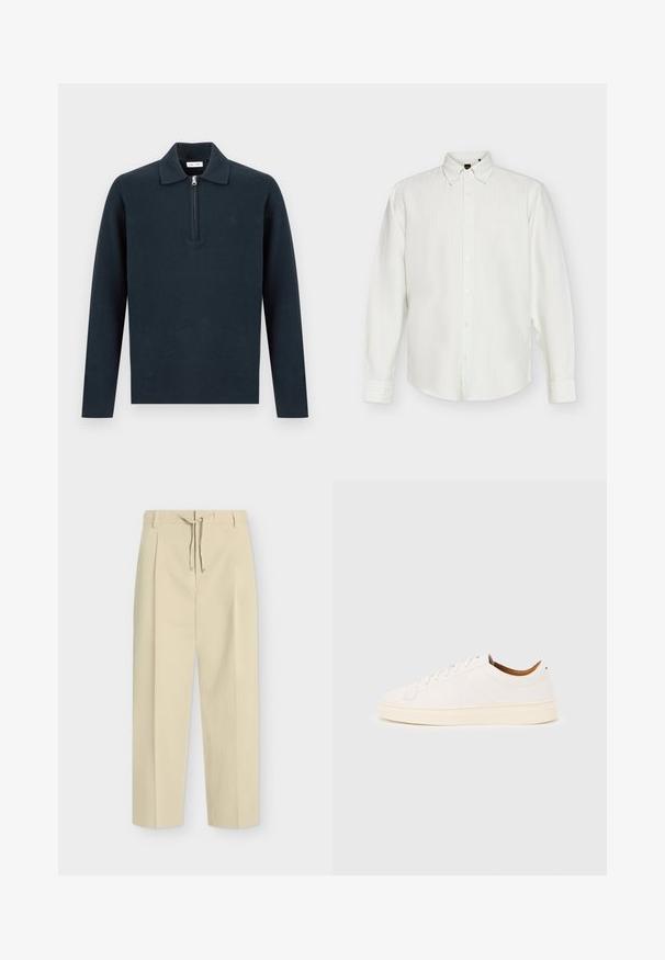 Pull-over à manches longues bleu marine foncé avec un col et une fermeture éclair à moitié zip sur le devant, présenté sur un fond clair uni.; Chemise blanche à manches longues avec fines rayures verticales et col pointu, affichée à plat sur fond blanc.; Pantalon beige droit avec passants pour ceinture et nouage à l'avant, présentant un design épuré et ajusté ainsi qu'un tissu texturé.; Baskets blanches basses avec un design à lacets, des détails de couture minimalistes, et une semelle couleur crème sur un fond gris clair.