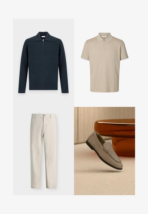 Pull-over à manches longues bleu marine foncé avec un col et une fermeture éclair à moitié zip sur le devant, présenté sur un fond clair uni.; Polo beige à manches courtes avec une texture côtelée verticale et une courte fermeture éclair devant sous le col.; Pantalon beige clair droit avec fermeture par bouton et fermeture éclair ainsi que passants pour ceinture, présenté sur un fond blanc uni.; Mocassin en suède marron clair avec semelle noire, posé sur un tapis beige devant une table circulaire marron réfléchissante contre un mur en bois.
