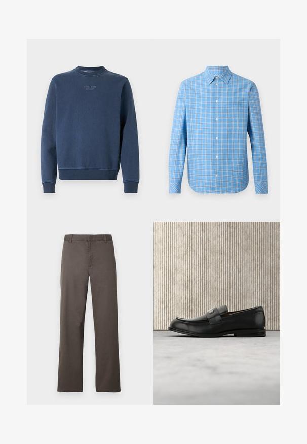 Sweatshirt bleu marine en coton texturé. Doté d'un col rond, de manches longues et de bords côtelés. Marquage visible sur la poitrine.; Chemise à carreaux bleu clair à manches longues, col classique et poche poitrine unique. Présente des accents de grille blancs et noirs.; Pantalon en coton marron avec une coupe droite, doté de passants de ceinture et une texture lisse. Aucun motif visible ni détail de quincaillerie.; Mocassin en cuir noir avec une plaque de marque en métal reposant près d'une table ronde marron sur un sol recouvert de moquette beige.