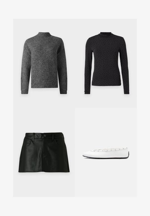 Mørkegrå strikket sweater med lange ærmer og en kort mock neck, vist fra forsiden på en hvid baggrund.; Sort langærmet turtleneck lavet af strækbart stof, med hvide prikker jævnt fordelt over overfladen.; Sort faux læder mini nederdel med klassisk fem-lomme design, frontknaplukning og sømløs syning for et strømlinet udseende.; Hvid læderballerina med snøredetalje og metaløjer, vist i sideprofil mod en ensfarvet lys baggrund.