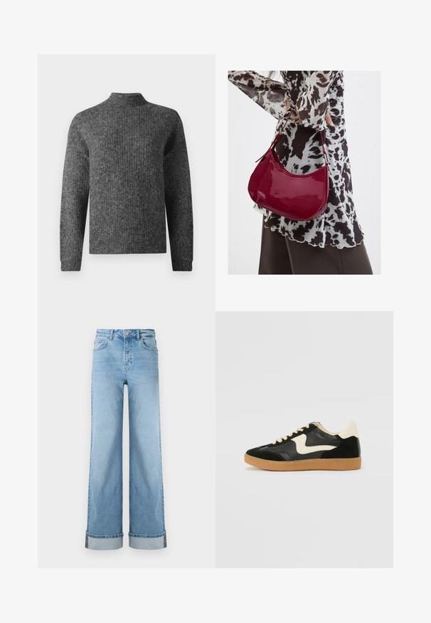 Mørkegrå strikket sweater med lange ærmer og en kort mock neck, vist fra forsiden på en hvid baggrund.; Lyseblå, vide jeans i klassisk denim med høj talje, prydet med opbrettede kanter og synlig søm.; Sorte ruskinds- og lædersneakers med en cremefarvet side-swoosh og lys cremefarvet hæl. Har beige snørebånd og en gummirubber-sål.; Kvinde iført en sort- og hvidmønstret bluse, der holder en blank rød skuldertaske mod en ensfarvet baggrund.