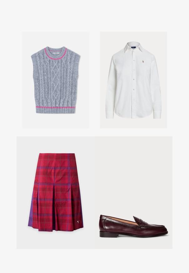 Gilet en tricot gris clair avec un motif torsadé, un accent rose autour de l'encolure et un ourlet inférieur côtelé. Manches courtes.; Chemise blanche à manches longues, boutonnée avec col et petit logo brodé sur la poitrine gauche, présentée sur fond uni.; Jupe plissée à carreaux rouges et violets avec un logo Puma près de l'ourlet côté droit.; Mocassins en cuir bordeaux avec une finition lisse, un bout arrondi, des coutures décoratives et un talon bas. L'intérieur est doté d'une douce doublure beige.