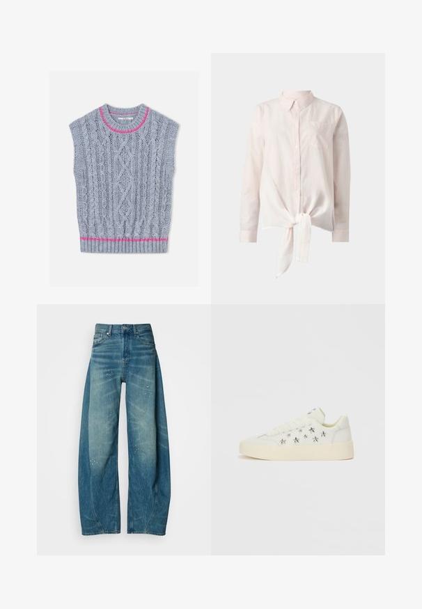 Gilet en tricot gris clair avec un motif torsadé, un accent rose autour de l'encolure et un ourlet inférieur côtelé. Manches courtes.; Chemise à manches longues rose clair avec un col et un ourlet noué à l'avant. Comprend une petite poche sur le côté gauche. L'arrière-plan est blanc uni.; Jeans en denim bleu clair à jambe large avec des zones décolorées et de petites éclaboussures de peinture. Présente un design classique à cinq poches et une fermeture à bouton.; Baskets blanches avec une tige en cuir lisse. Ornées d'étoiles argentées et d'une semelle épaisse et texturée. Fermeture à lacets.