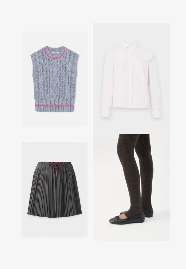 Gilet en tricot gris clair avec un motif torsadé, un accent rose autour de l'encolure et un ourlet inférieur côtelé. Manches courtes.; Chemise rose pâle à manches longues avec un col et une poche sur la poitrine, présentée sur un fond blanc.; Jupe plissée gris foncé avec une taille élastique et un cordon bordeaux noué au centre devant.; Jambes portant des leggings côtelés foncés associés à des ballerines noires avec de petits détails en nœud sur fond blanc.