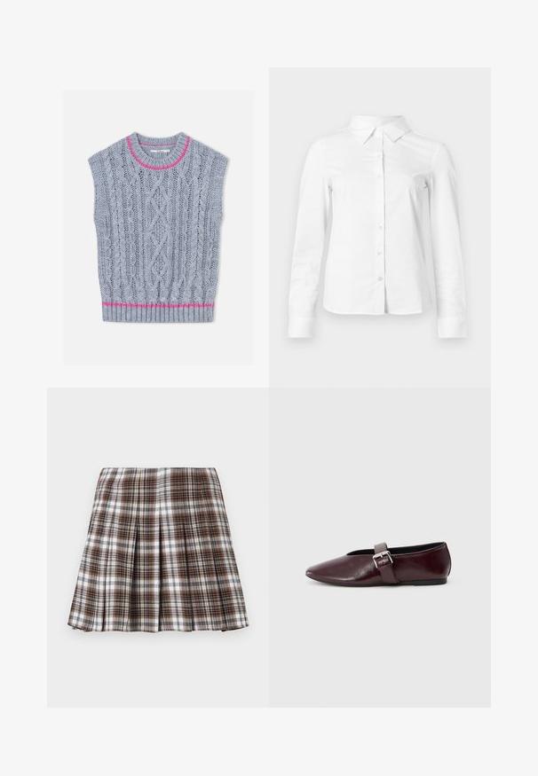 Gilet en tricot gris clair avec un motif torsadé, un accent rose autour de l'encolure et un ourlet inférieur côtelé. Manches courtes.; Chemise blanche à manches longues avec boutons, col pointu, ourlet droit et silhouette ajustée, présentée sur un fond clair uni.; Jupe plissée à carreaux bruns et blancs avec un design structuré et une texture nette, présentant une taille haute et de multiples plis verticaux.; Ballerines en cuir bordeaux avec un bout pointu, une semelle plate et une sangle décorative avec boucle sur le cou-de-pied. Texture lisse et brillante.