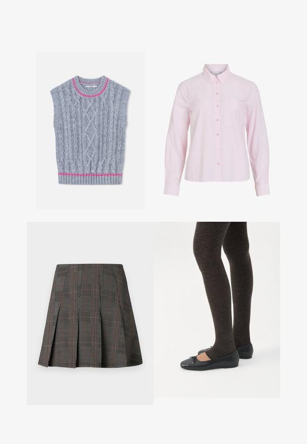 Gilet en tricot gris clair avec un motif torsadé, un accent rose autour de l'encolure et un ourlet inférieur côtelé. Manches courtes.; Chemise rose pâle à manches longues avec des rayures blanches verticales, fermeture boutonnée à l'avant, col et poche poitrine gauche. Tissu en coton lisse.; Jupe à carreaux gris avec des plis, ornée de motifs complexes en noir et blanc, accentuée par de fines lignes rouges. Fabriquée dans un tissu structuré.; Jambes portant des leggings côtelés foncés associés à des ballerines noires avec de petits détails en nœud sur fond blanc.