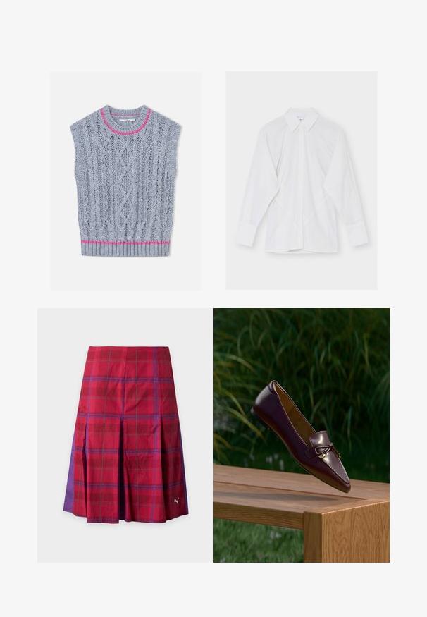 Gilet en tricot gris clair avec un motif torsadé, un accent rose autour de l'encolure et un ourlet inférieur côtelé. Manches courtes.; Chemise blanche à manches longues avec col pointu et boutons cachés à l'avant sur un fond uni.; Jupe plissée à carreaux rouges et violets avec un logo Puma près de l'ourlet côté droit.; Mocassin en cuir marron avec un détail de nœud flottant au-dessus d’un banc en bois, feuillage vert flou en arrière-plan.