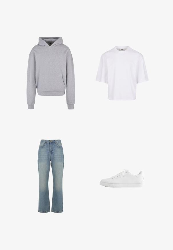 Haut à capuche en coton gris avec une poche avant, un cordon de serrage à la capuche et des poignets et un ourlet côtelés. Présente une finition douce et texturée.; T-shirt blanc à manches courtes avec un col rond et une coupe décontractée, fabriqué à partir d'un tissu en coton mélangé doux. Aucun motif ni embellissement.; Jean en denim bleu clair taille haute, coupe droite, fermeture par boutons devant, passants de ceinture et deux poches avant.; Baskets basses blanches avec lacets, dessus en cuir lisse et semelle extérieure en caoutchouc plate, vues de côté sur fond blanc.
