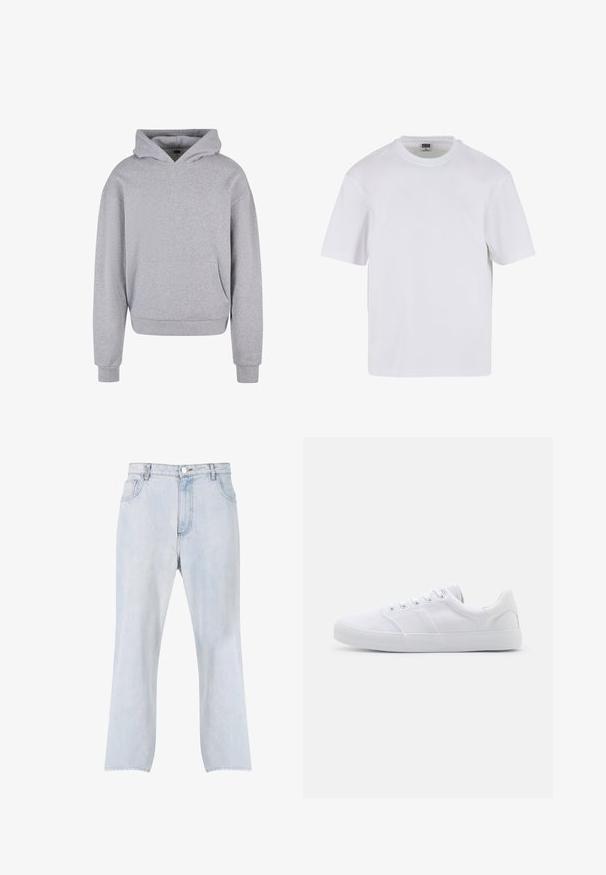 Grijze katoenen hoodie met een voorzak, een capuchon met trekkoord en ribgebreide manchetten en zoom. Heeft een zachte, gestructureerde afwerking.; Witte kraagloze t-shirt met korte mouwen, gemaakt van katoen. Heeft een ronde halslijn en een losse pasvorm. Soepele textuur, minimalistisch ontwerp, geen patronen of accenten.; Lichtblauwe spijkerbroek met rechte pijpen, vooraan knoop- en ritssluiting en ontwerp met vijf zakken.; Witte canvas sneakers met een rubberen zool, voorzien van zes oogjes, een gestructureerde neuskap en een minimalistisch ontwerp.