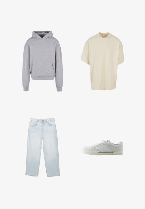 Grijze katoenen hoodie met een voorzak, een capuchon met trekkoord en ribgebreide manchetten en zoom. Heeft een zachte, gestructureerde afwerking.; Crème-kleurig t-shirt met korte mouwen, met een ontspannen pasvorm en ronde hals; gemaakt van zachte katoen, met subtiele stikdetails.; Lichtblauwe hoge taille straight-leg jeans met een knoop aan de voorkant, zakken en een klein gemerkt metalen label op de rechter voorkzak.; Witte low-top sneaker met veters, rubberen zool en subtiele gestikte paneeldetails aan de zijkant, getoond in rechter profiel.