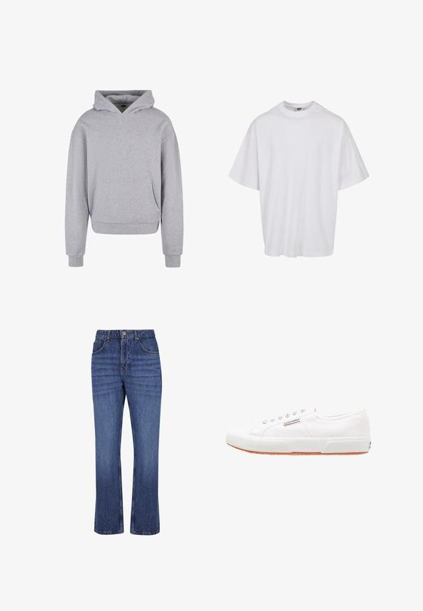 Γκρι φλις hoodie από βαμβάκι με μπροστινή τσέπη, κουκούλα με κορδόνι και ρέλι στους καρπούς και το τελείωμα. Διαθέτει απαλή, υφασμένη υφή.; Λευκό βαμβακερό t-shirt με στρογγυλή λαιμόκοψη και κοντά μανίκια, με χαλαρή γραμμή και λεπτές ραφές.; Μπλε τζιν παντελόνι με ίσια γραμμή, πέντε τσέπες, κούμπωμα με κουμπί και θηλιές για ζώνη, με διακριτική ξεθώριαση στους μηρούς.; Λευκά καμβά παπούτσια με καουτσούκ σόλα, σχέδιο με κορδόνια και μικρή ετικέτα λογότυπου στο πλάι. Τεχνητό λευκό επάνω μέρος και καφέ σόλα.