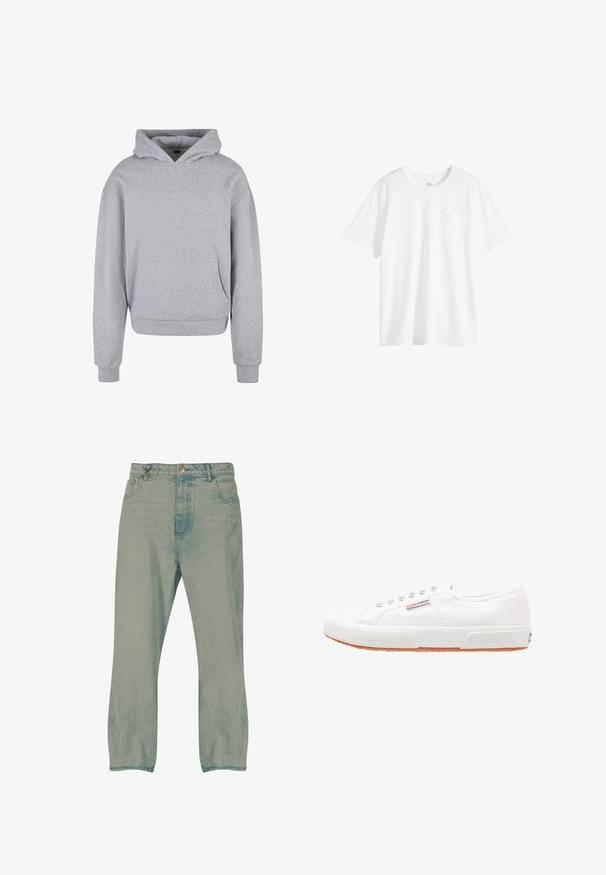 Grå bomulds-hoodie med en frontlomme, snoretræk i hætten og ribbede manchetter og kant. Har en blød, tekstureret overflade.; Hvid, kortærmet T-shirt med rund hals og lille logo på venstre side af brystet, vist på en hvid baggrund.; Lyseblå jeans med lige ben, forrest knapper, bæltestropper og forlommer, vist mod en hvid baggrund.; Hvide kanvas sneakers med gummisål, snørebåndsdesign og et lille logo mærke på siden. Tekstureret hvid overdel og brun ydersål.