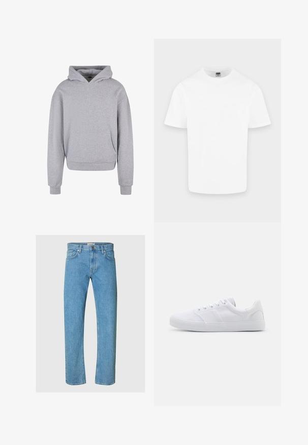 Grå bomulds-hoodie med en frontlomme, snoretræk i hætten og ribbede manchetter og kant. Har en blød, tekstureret overflade.; Enkelt hvid kortærmet T-shirt med rund hals i bomuld vist på en lys grå baggrund.; Lysblå denimjeans har et lige ben-design, fem-lomme stil og en lynlås med metalknaplukning.; Hvide lærreds sneakers med gummisål, der har seks snørehuller, en struktureret tåkap og et minimalistisk design.